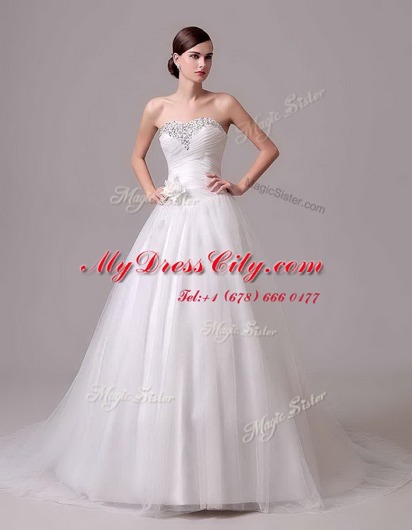 Sleeveless Brush Train Beading and Hand Made Flower Lace Up Wedding Gowns