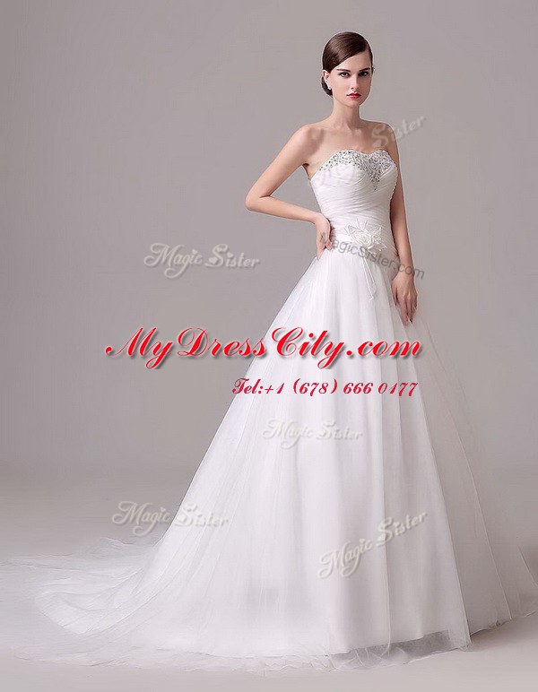 Sleeveless Brush Train Beading and Hand Made Flower Lace Up Wedding Gowns