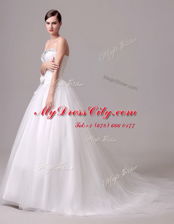 Sleeveless Brush Train Beading and Hand Made Flower Lace Up Wedding Gowns