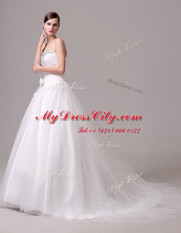 Sleeveless Brush Train Beading and Hand Made Flower Lace Up Wedding Gowns