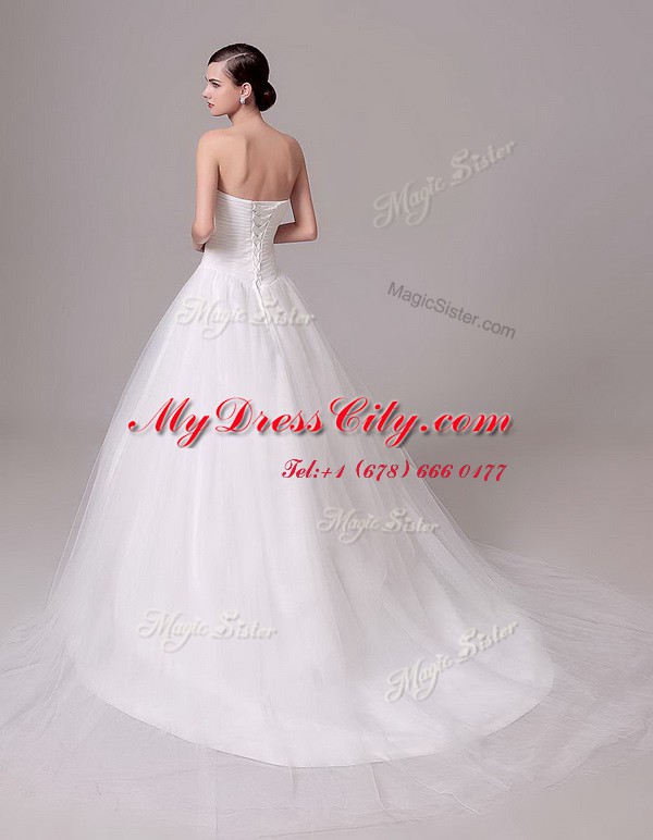 Sleeveless Brush Train Beading and Hand Made Flower Lace Up Wedding Gowns