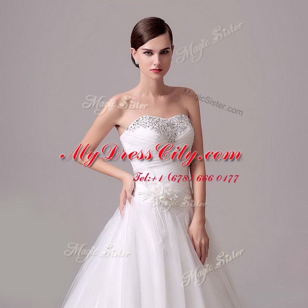 Sleeveless Brush Train Beading and Hand Made Flower Lace Up Wedding Gowns