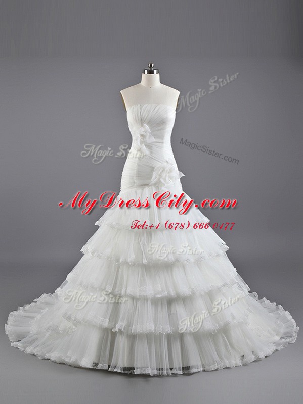 Ruffled A-line Sleeveless White Wedding Gowns Brush Train Lace Up