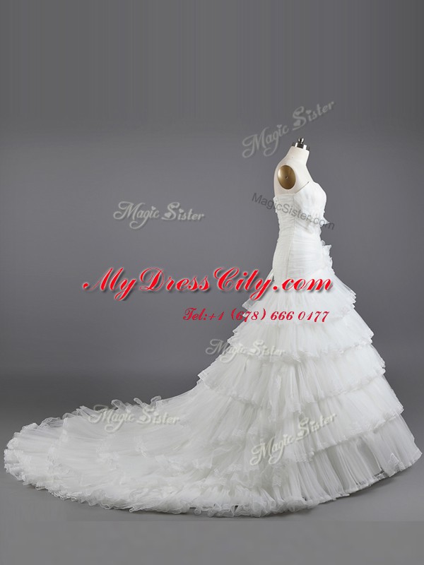 Ruffled A-line Sleeveless White Wedding Gowns Brush Train Lace Up