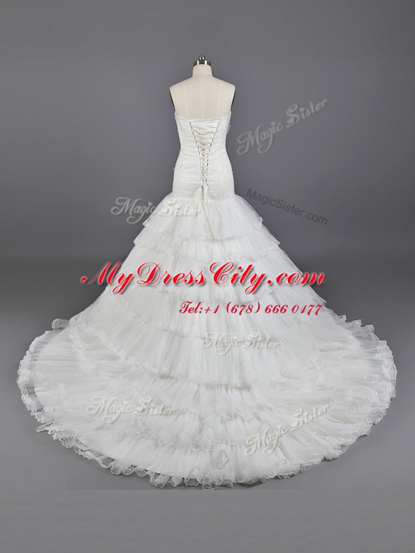 Ruffled A-line Sleeveless White Wedding Gowns Brush Train Lace Up