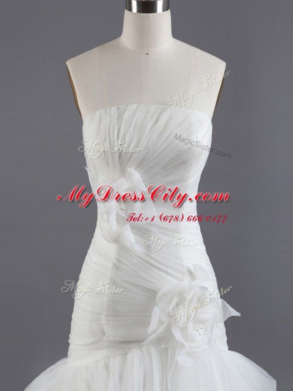 Ruffled A-line Sleeveless White Wedding Gowns Brush Train Lace Up