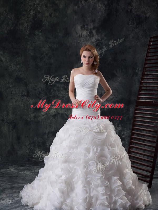 Customized White Ball Gowns Ruffles and Ruching Wedding Dress Lace Up Fabric With Rolling Flowers Sleeveless