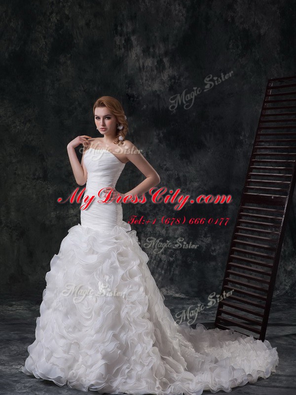 Customized White Ball Gowns Ruffles and Ruching Wedding Dress Lace Up Fabric With Rolling Flowers Sleeveless