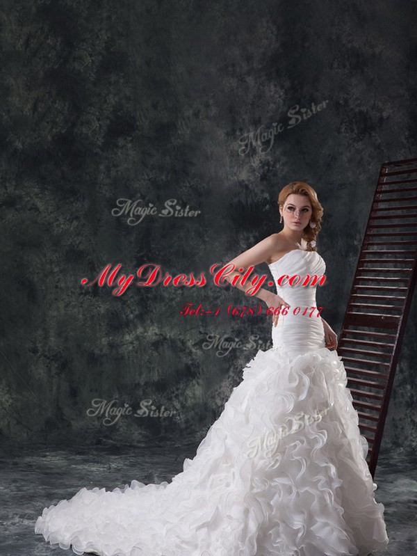 Customized White Ball Gowns Ruffles and Ruching Wedding Dress Lace Up Fabric With Rolling Flowers Sleeveless