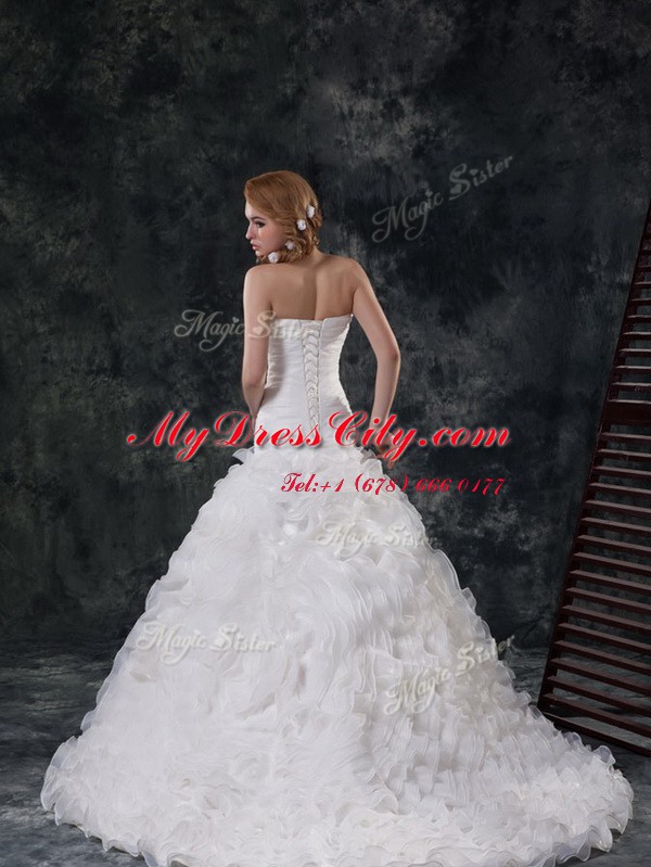 Customized White Ball Gowns Ruffles and Ruching Wedding Dress Lace Up Fabric With Rolling Flowers Sleeveless