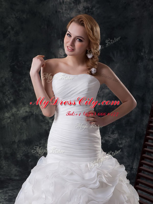 Customized White Ball Gowns Ruffles and Ruching Wedding Dress Lace Up Fabric With Rolling Flowers Sleeveless