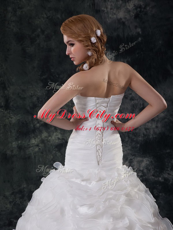 Customized White Ball Gowns Ruffles and Ruching Wedding Dress Lace Up Fabric With Rolling Flowers Sleeveless