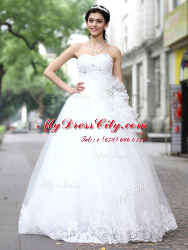 Floor Length Lace Up Bridal Gown White for Wedding Party with Sequins