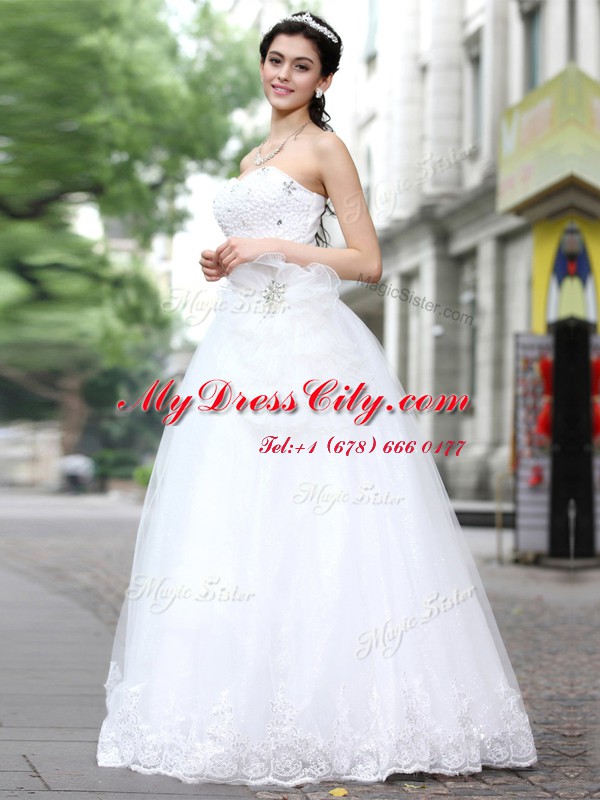 Floor Length Lace Up Bridal Gown White for Wedding Party with Sequins