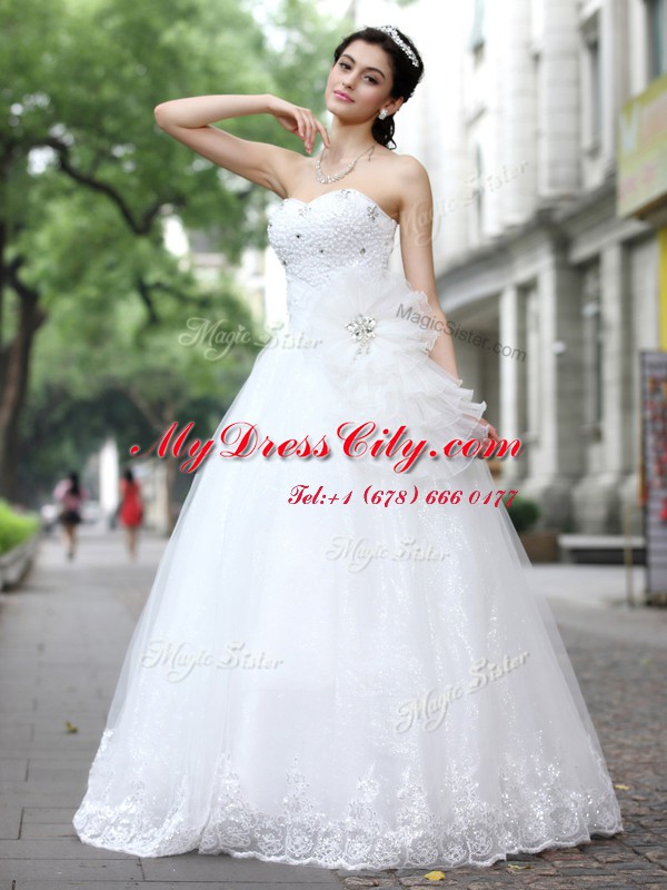 Floor Length Lace Up Bridal Gown White for Wedding Party with Sequins