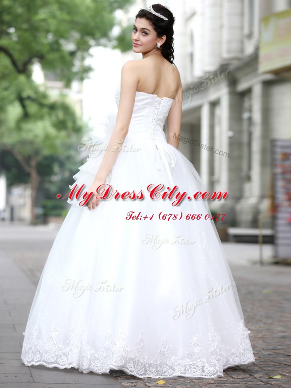 Floor Length Lace Up Bridal Gown White for Wedding Party with Sequins