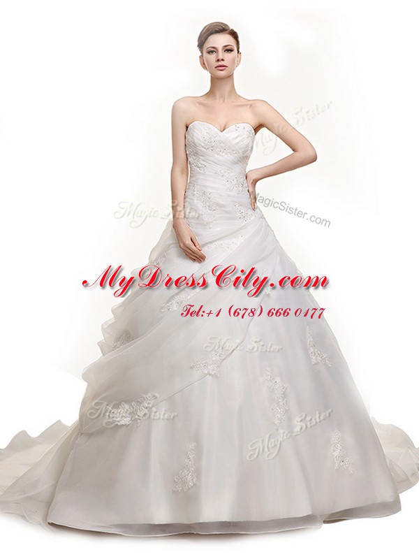 Popular Brush Train Ball Gowns Wedding Dress White Sweetheart Organza Sleeveless With Train Lace Up