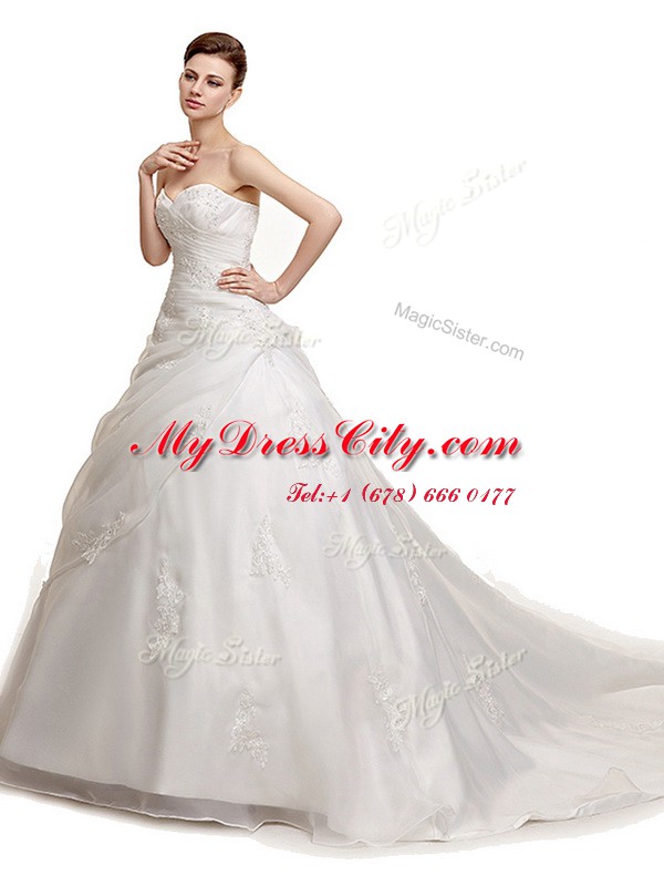 Popular Brush Train Ball Gowns Wedding Dress White Sweetheart Organza Sleeveless With Train Lace Up