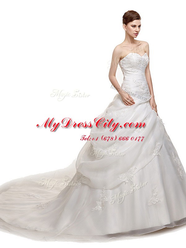 Popular Brush Train Ball Gowns Wedding Dress White Sweetheart Organza Sleeveless With Train Lace Up