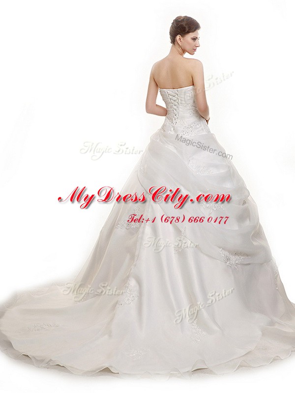 Popular Brush Train Ball Gowns Wedding Dress White Sweetheart Organza Sleeveless With Train Lace Up