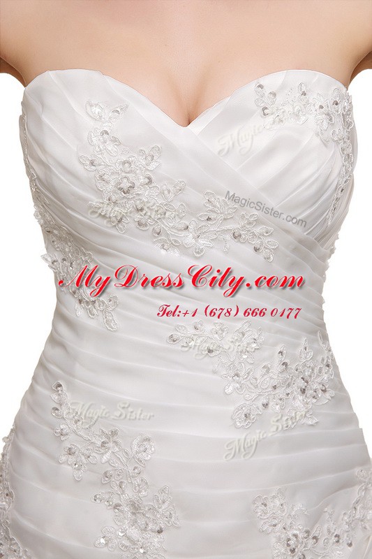 Popular Brush Train Ball Gowns Wedding Dress White Sweetheart Organza Sleeveless With Train Lace Up