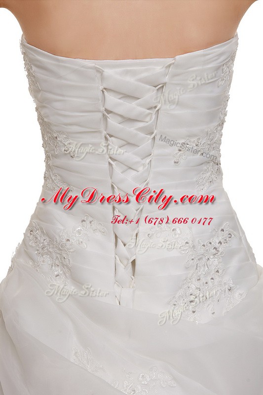 Popular Brush Train Ball Gowns Wedding Dress White Sweetheart Organza Sleeveless With Train Lace Up