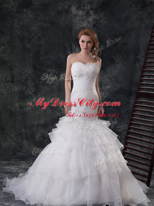 Ideal White Mermaid Beading and Ruffled Layers Wedding Dresses Lace Up Organza Sleeveless With Train