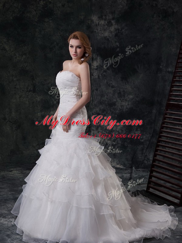 Ideal White Mermaid Beading and Ruffled Layers Wedding Dresses Lace Up Organza Sleeveless With Train