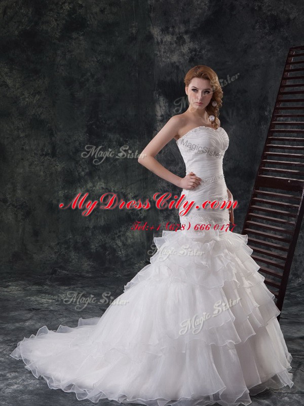 Ideal White Mermaid Beading and Ruffled Layers Wedding Dresses Lace Up Organza Sleeveless With Train