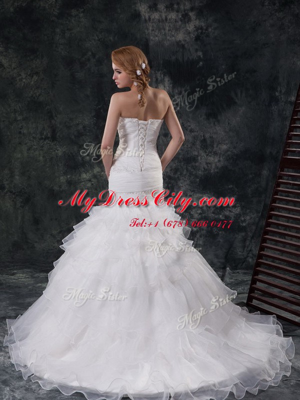 Ideal White Mermaid Beading and Ruffled Layers Wedding Dresses Lace Up Organza Sleeveless With Train