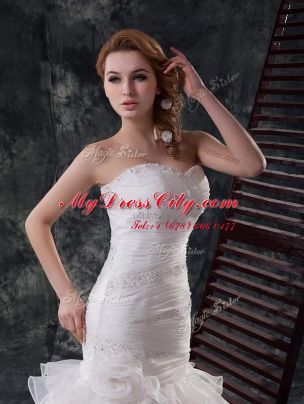 Ideal White Mermaid Beading and Ruffled Layers Wedding Dresses Lace Up Organza Sleeveless With Train