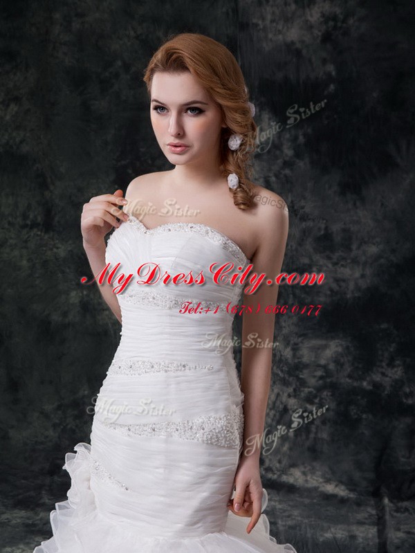 Ideal White Mermaid Beading and Ruffled Layers Wedding Dresses Lace Up Organza Sleeveless With Train