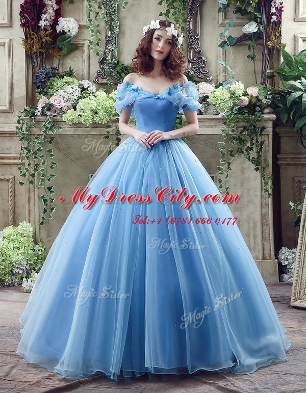 Glittering Off the Shoulder Blue Organza Lace Up Wedding Dresses Sleeveless Floor Length Ruching and Bowknot