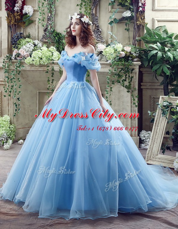 Glittering Off the Shoulder Blue Organza Lace Up Wedding Dresses Sleeveless Floor Length Ruching and Bowknot