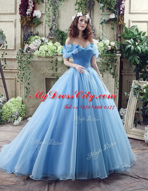 Glittering Off the Shoulder Blue Organza Lace Up Wedding Dresses Sleeveless Floor Length Ruching and Bowknot