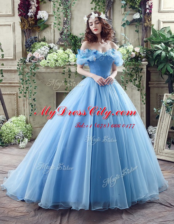 Glittering Off the Shoulder Blue Organza Lace Up Wedding Dresses Sleeveless Floor Length Ruching and Bowknot