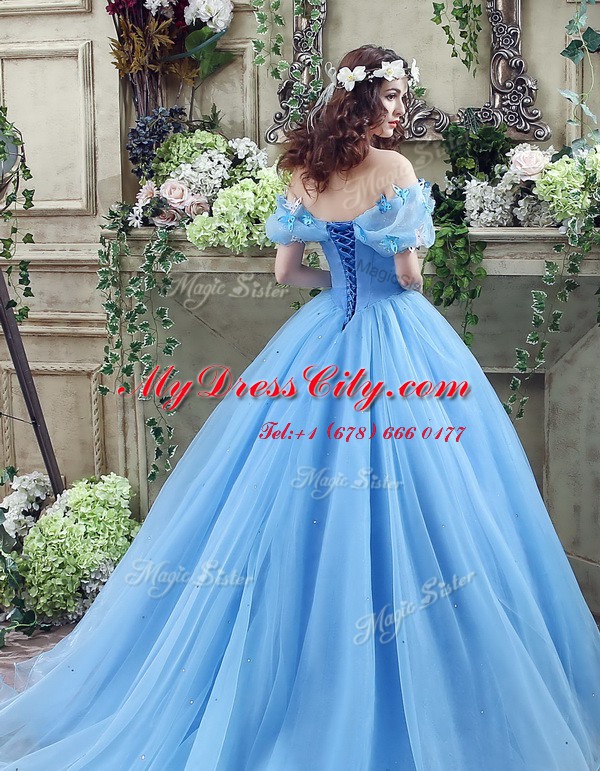 Glittering Off the Shoulder Blue Organza Lace Up Wedding Dresses Sleeveless Floor Length Ruching and Bowknot