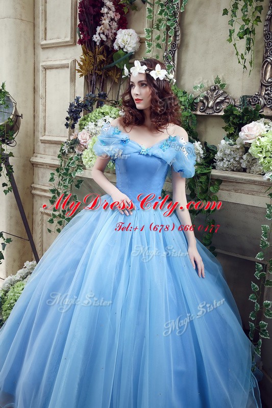 Glittering Off the Shoulder Blue Organza Lace Up Wedding Dresses Sleeveless Floor Length Ruching and Bowknot