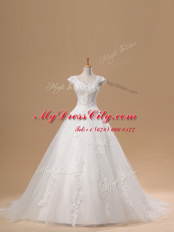 Tulle V-neck Short Sleeves Brush Train Lace Up Lace and Appliques Wedding Dresses in White