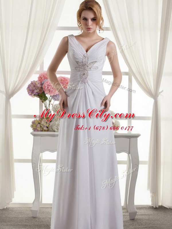 Floor Length White Bridal Gown V-neck Sleeveless Lace Up