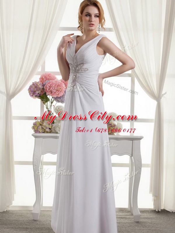 Floor Length White Bridal Gown V-neck Sleeveless Lace Up