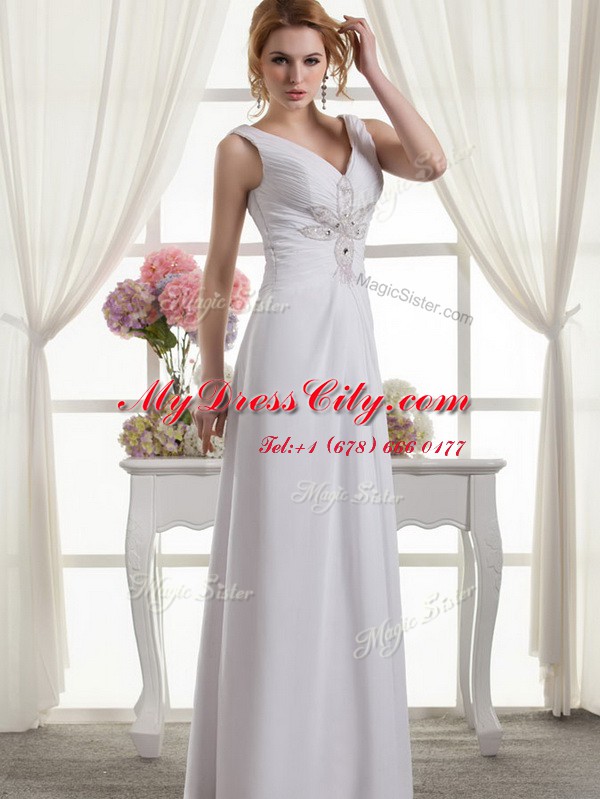 Floor Length White Bridal Gown V-neck Sleeveless Lace Up