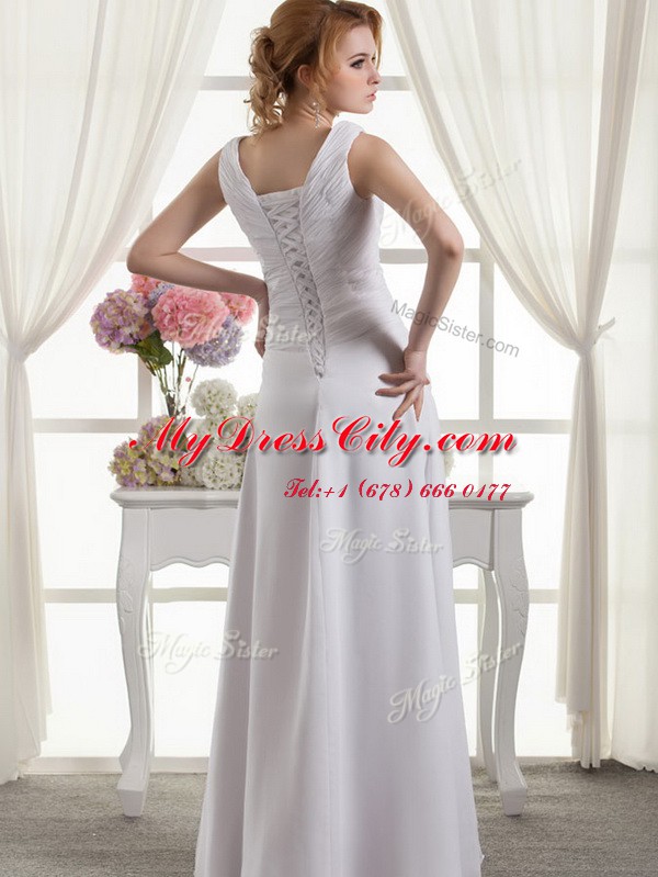 Floor Length White Bridal Gown V-neck Sleeveless Lace Up