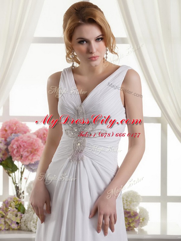 Floor Length White Bridal Gown V-neck Sleeveless Lace Up