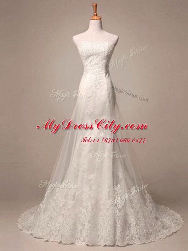 Classical White Sleeveless Lace and Appliques Lace Up Wedding Dress