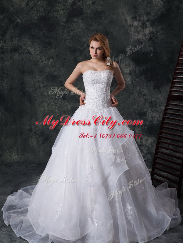 Sleeveless Court Train Beading and Lace and Appliques Lace Up Wedding Gown