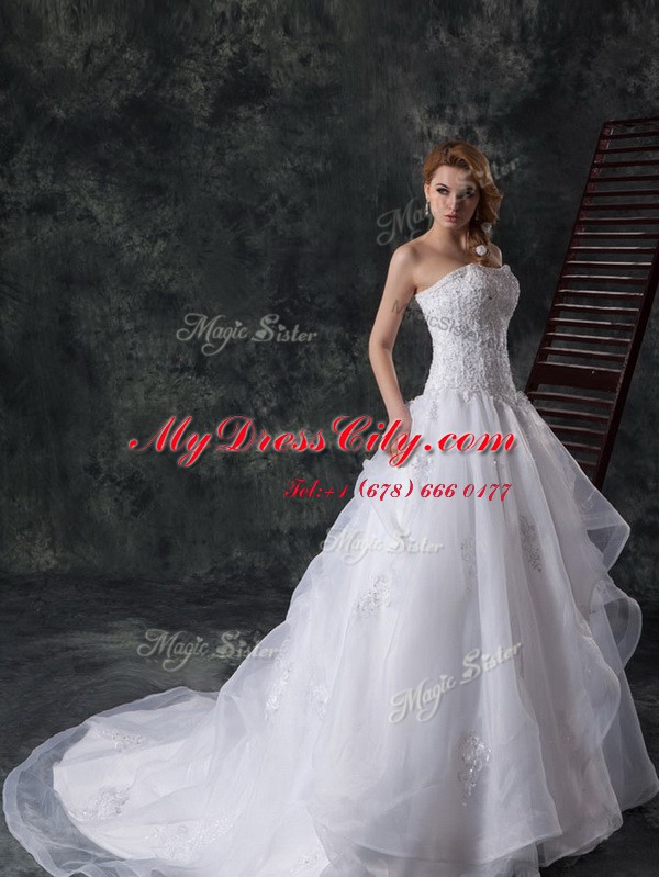 Sleeveless Court Train Beading and Lace and Appliques Lace Up Wedding Gown