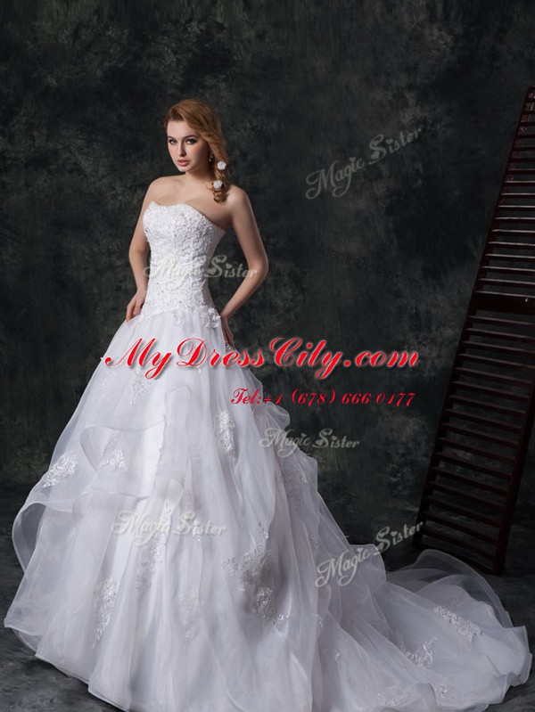 Sleeveless Court Train Beading and Lace and Appliques Lace Up Wedding Gown