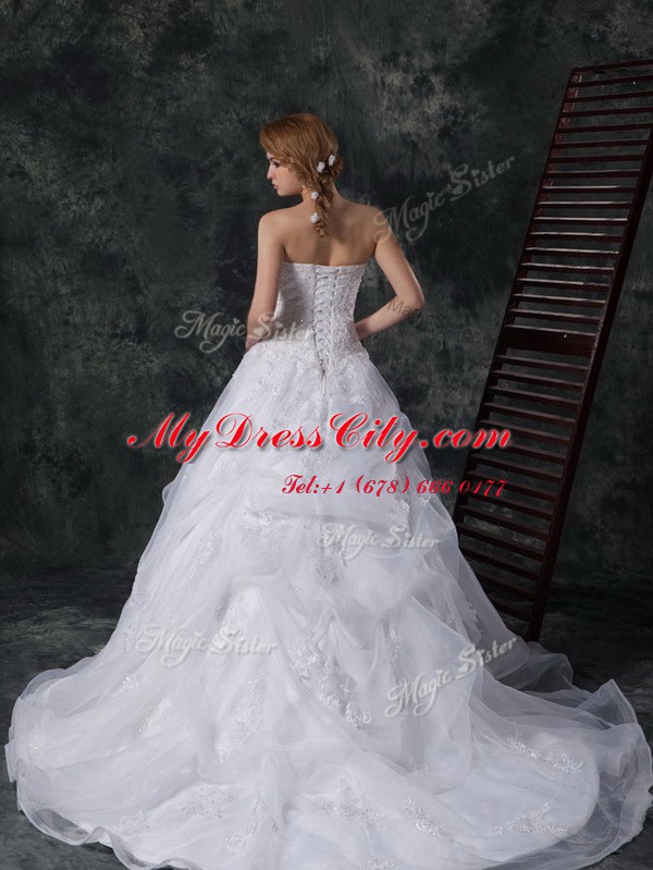 Sleeveless Court Train Beading and Lace and Appliques Lace Up Wedding Gown