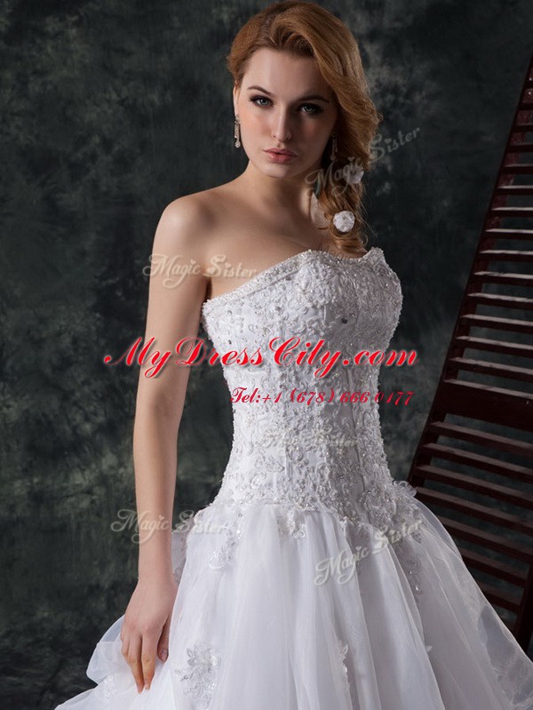 Sleeveless Court Train Beading and Lace and Appliques Lace Up Wedding Gown